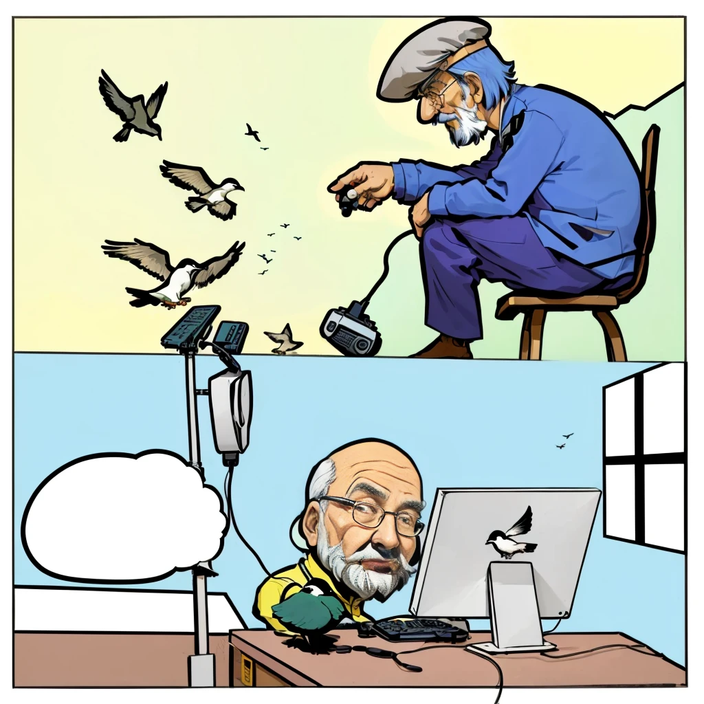 cartoon of a man sitting at a desk with a computer and birds flying around him, an old man with 7 yellow birds, technological anguish, old man doing hard work, humorous illustration, holding electricity and birds, moebius comic style, technology vs nature, comic illustration, drawn with photoshop, old internet art, inspired by Zygmunt Vogel