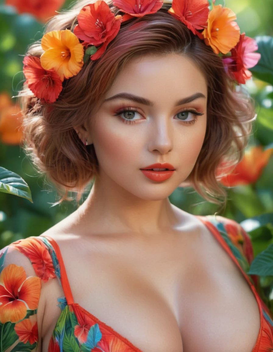 In this captivating scene, a vivacious girl, (detail skin texture, large pores), with vibrant, colorful hair stands amidst a lush garden teeming with exotic blooms. Her sexy outfit accentuates her thin, hourglass-shaped body and ample breasts, drawing the eye with its tantalizing allure. With eyes that sparkle in the sunlight and lips painted a bold red, she exudes irresistible charm and sensuality. The garden, meticulously rendered with hyper-realistic detail, showcases the intricate textures of petals and leaves, while vibrant colors add a touch of surrealism. Captured in stunning 8K resolution, every nuance is visible, from the strands of her hair to the lines on her face. extremely realistic skin, Inspired by Russ Meyer's iconic films, the scene blends retro and modern elements, with color grading that heightens excitement and sensuality. Soft lighting bathes her face in a warm glow, adding depth and dimension to the image. This (hyper-realistic:1.5) (masterpiece:1.5) promises an awe-inspiring visual experience, combining the finest materials and techniques to ignite the senses.