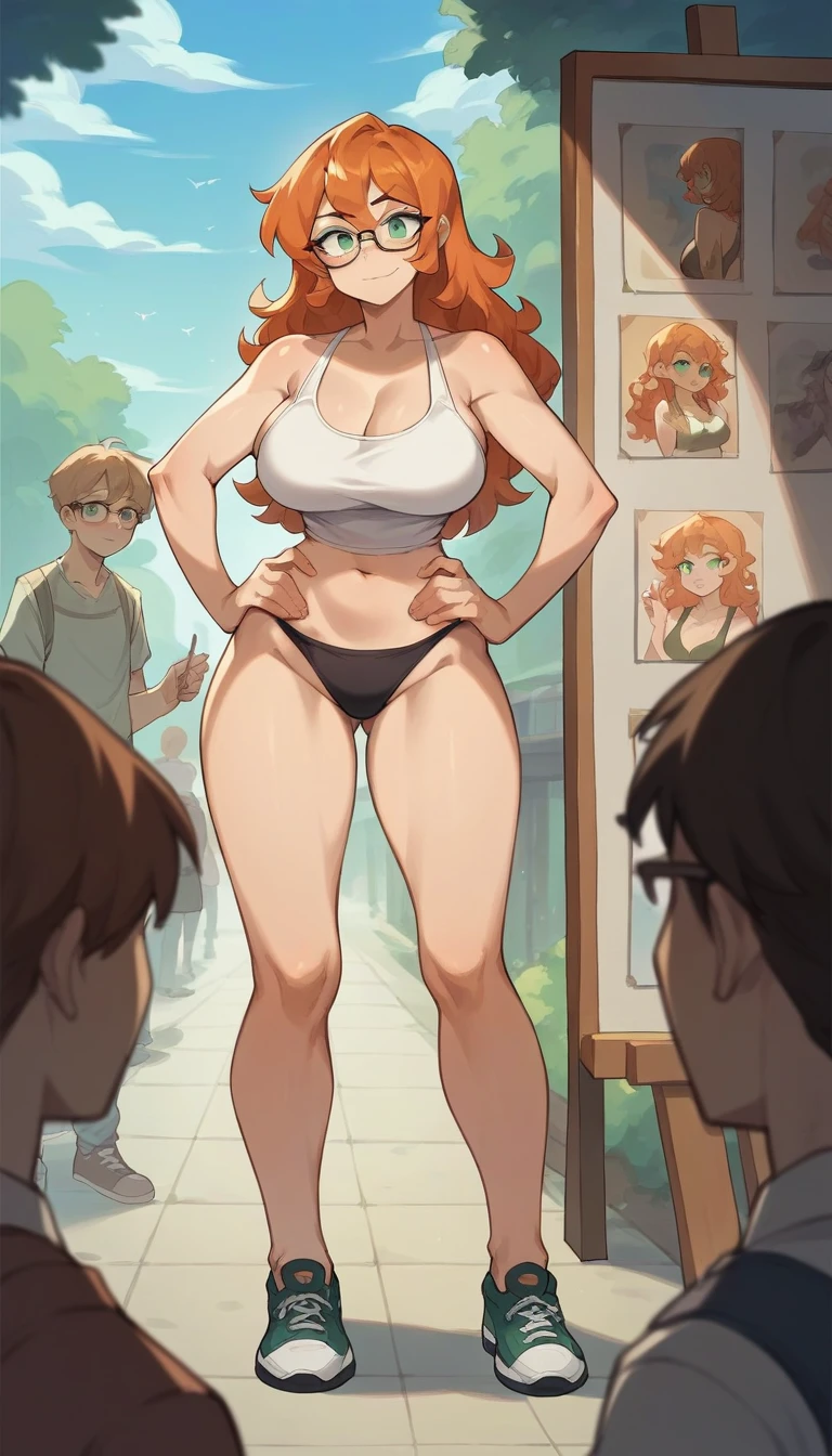 1 woman, long wavy orange hair, green eyes , sly face , glasses , white tank top , black bikini , abdomen, big breasts , Put your hands on your hips. , canvas shoes , public 