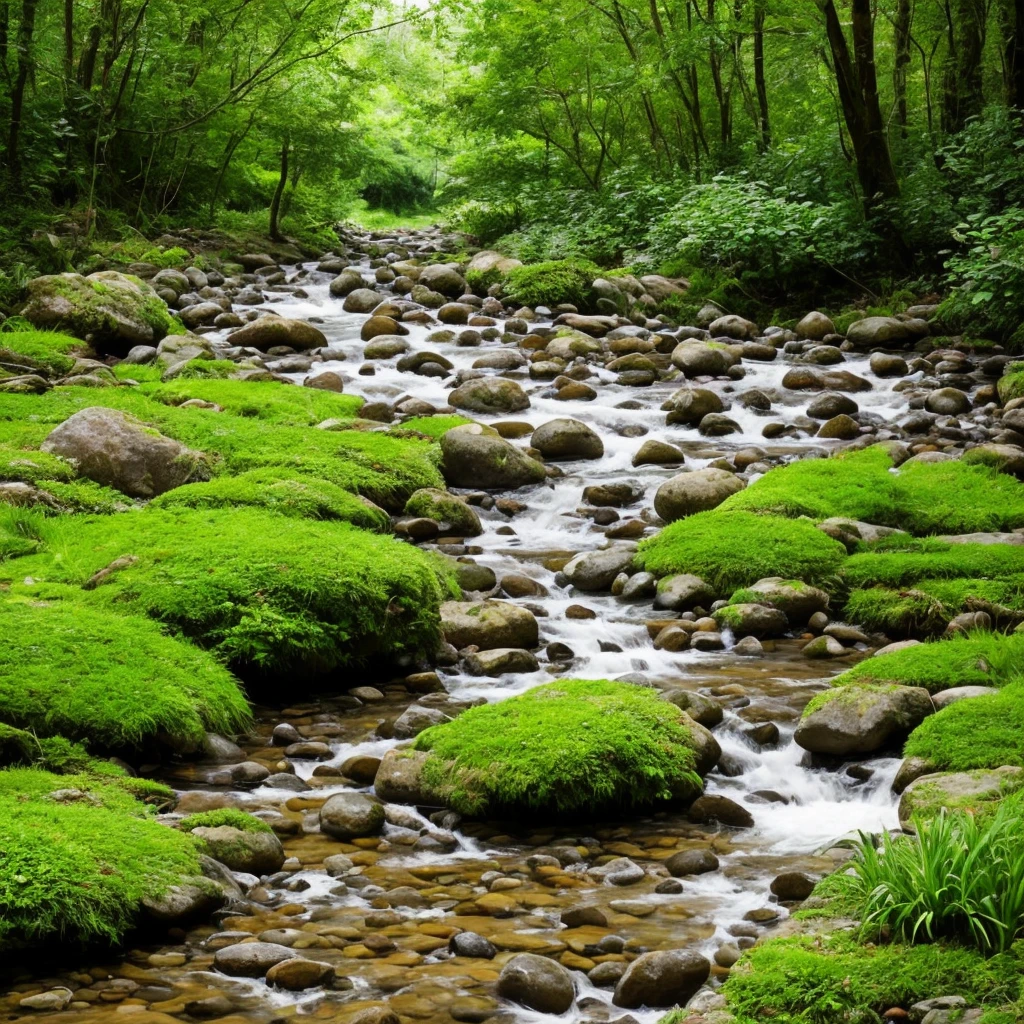 there is a stream running through a rocky field with rocks and grass, a digital rendering by Rainer Maria Latzke, flickr, land art, dry river bed, real-life brook, streams and rocks, flowing clear water creek bed, babbling brook, small stream, streams, pools and streams, small river on the ground, stream, wet grass and stones