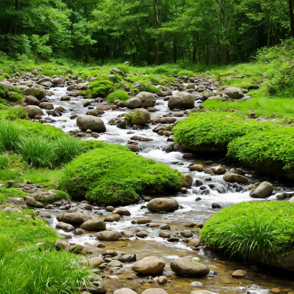 there is a stream running through a rocky field with rocks and grass, a digital rendering by Rainer Maria Latzke, flickr, land art, dry river bed, real-life brook, streams and rocks, flowing clear water creek bed, babbling brook, small stream, streams, pools and streams, small river on the ground, stream, wet grass and stones