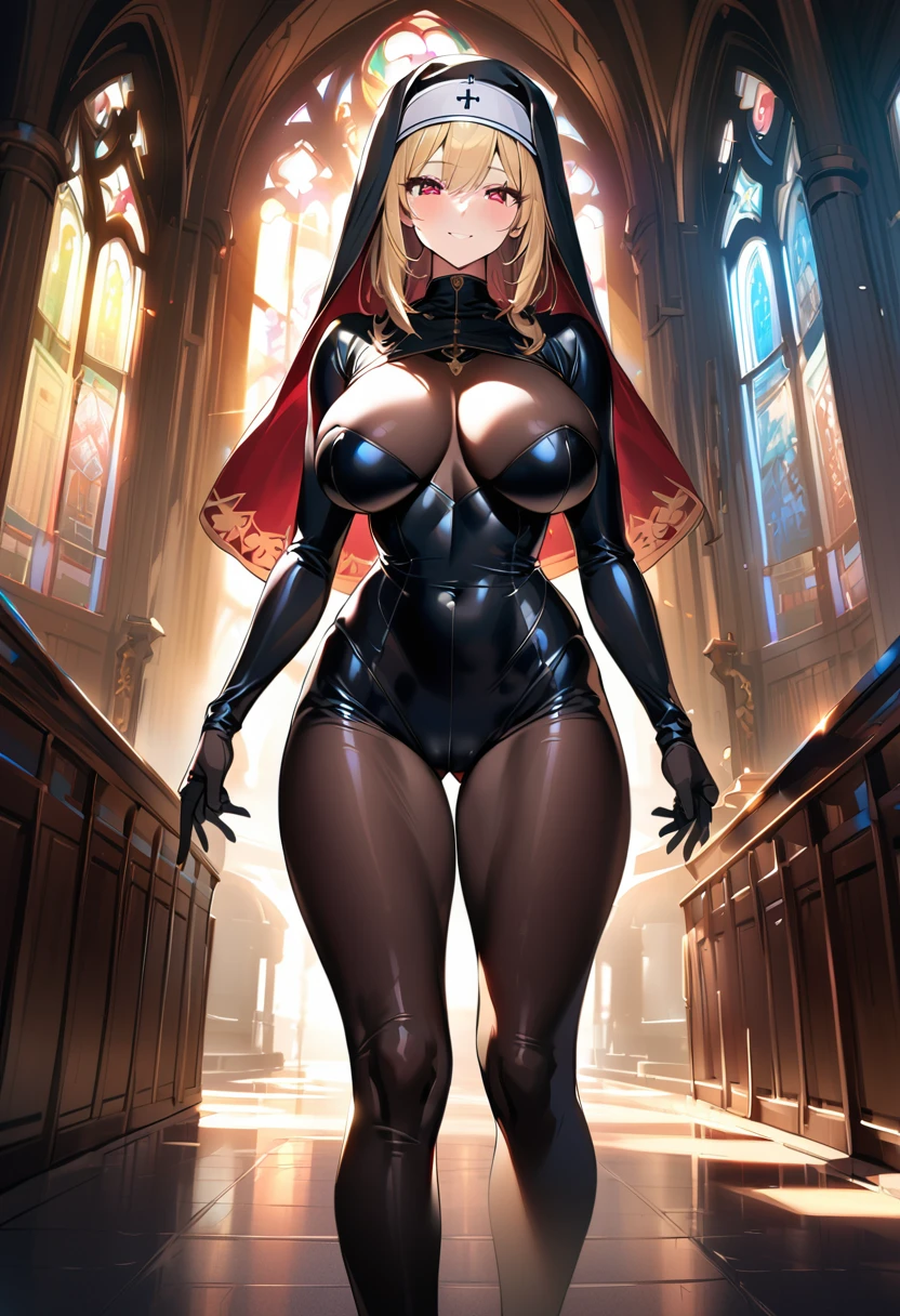 1girl, blonde hair, red eyes, large breasts, wide hips, nun outfit, coy smile, milf, church background, textured skin, UHD, UHD, UHD, UHD, award winning, high details, incredible high-key lighting and shadows, masterpiece, incredible illustration, Marin Kitagawa ,nude legs, bodysuit,no head wear