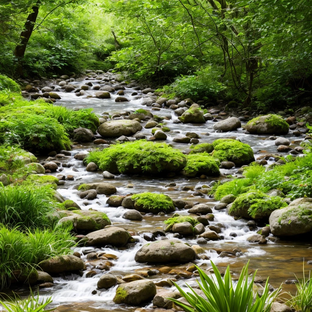 there is a stream running through a rocky field with rocks and grass, dry river bed, real-life brook, streams and rocks, flowing clear water creek bed, babbling brook, small stream, streams, pools and streams, small river on the ground, stream, wet grass and stones, river with low hanging plants, by Rainer Maria Latzke