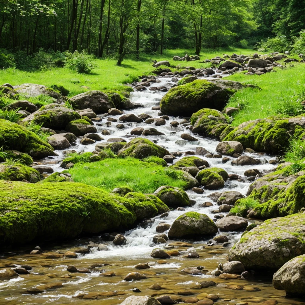 there is a stream running through a rocky field with rocks and grass, a digital rendering by Rainer Maria Latzke, flickr, land art, dry river bed, real-life brook, streams and rocks, flowing clear water creek bed, babbling brook, small stream, streams, pools and streams, small river on the ground, stream, wet grass and stones