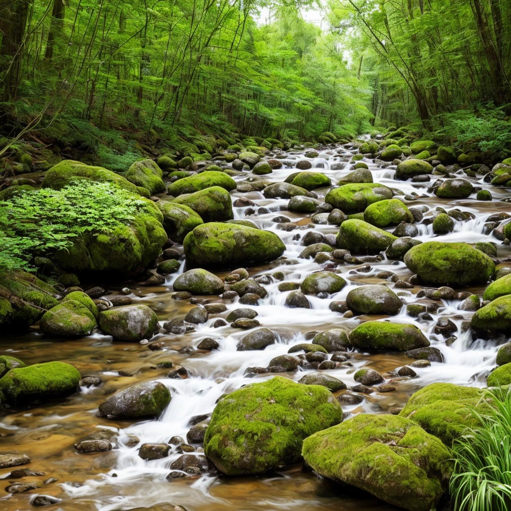 there is a stream running through a rocky field with rocks and grass, a digital rendering by Rainer Maria Latzke, flickr, land art, dry river bed, real-life brook, streams and rocks, flowing clear water creek bed, babbling brook, small stream, streams, pools and streams, small river on the ground, stream, wet grass and stones