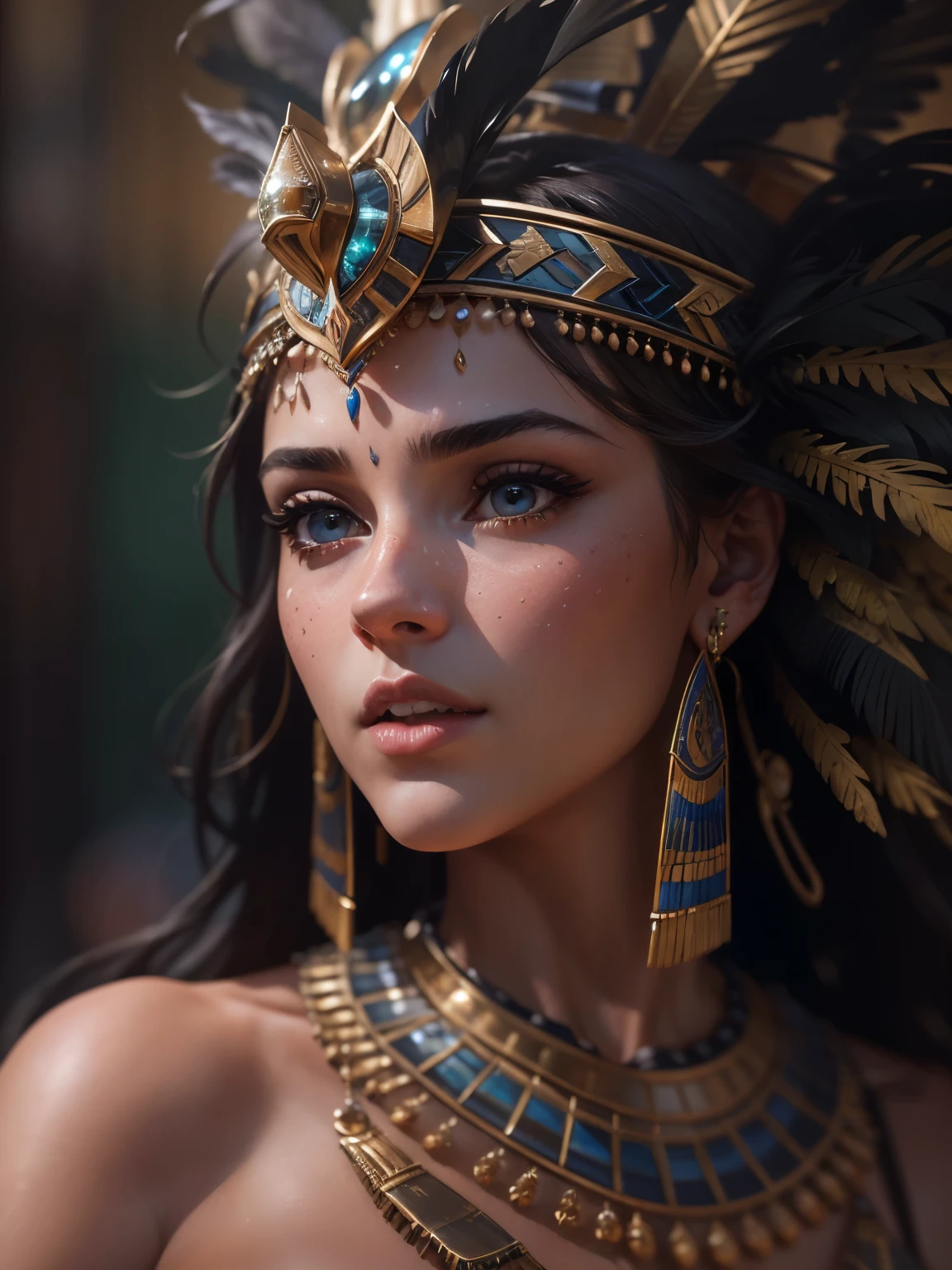 Close-up of a woman with headdress and feathers, Cleopatra Portraiture, beautiful Cleopatra, ３ｄ, goddess, Portraiture, アステカ王女のPortraiture, goddessとしてのナタリー・ポートマン, Cleopatra, 映画のgoddessのクローズショット, Egyptian Princess, goddessのクローズアップPortraiture, ZbrushArt, 超Realisticファンタジーアート, Black Emma Watson becomes Egyptian, Realistic digital art,Familiar,Realistic, Familiar, Skin Texture, hyper Familiar, Realistic Skin Texture, Armature, Highest quality, 超High resolution, (写真Realistic:1.4),, High resolution, Familiar, 

RAW Photos, Shapuri, Lee Jeffries Nikon D850 Film Stock Photo Graph 4 Kodak Portra 400 Camera F1.6 lens rich colors hyper Realistic lifelike texture dramatic lighting unrealengine trending on artstation cinestill 800,{{{{{{{(masterpiece, .CGI:1.4),(8K raw photo, best quality, masterpiece:1.2) super detailed official art,photorealistic:1.37, (outstanding, professional),masterpiece,best quality,ultra detailed,highres,high-resolution,4K,4Kportrait,8K,8Kportrait,unity8Kwallpaper,extremely detailed CG,realistic,RAW photo,real person,portrait photography,photorealistic,shiny skin,detailed skin,(((dynamic angle full body 
 and dynamic angle wide shot
 and dynamic angle close-up
 and dynamic angle upper body
 and dynamic angle from above
 and dynamic angle from behind
 and dynamic angle from below
 ))),{{{{supermodel }}}},{{{{Photorealistic:1.4}}}}, beautiful detailed, highly detailed eyes and face, beautiful detailed eyes, ridiculous, incredibly ridiculous, super detailed, high resolution, highly detailed, top quality, masterpiece, illustration, highly detailed, CG, unified, 8K wallpaper, amazing, fine detail, masterpiece, top quality, highly detailed CG unified 8K wallpaper, face light, movie lighting,surrealistic female portrait, magic lights, 32K resolution, action poses, realistic photography, dynamic lighting, art station, volume lighting, highly detailed face, awarded, shadows}}}}}}}