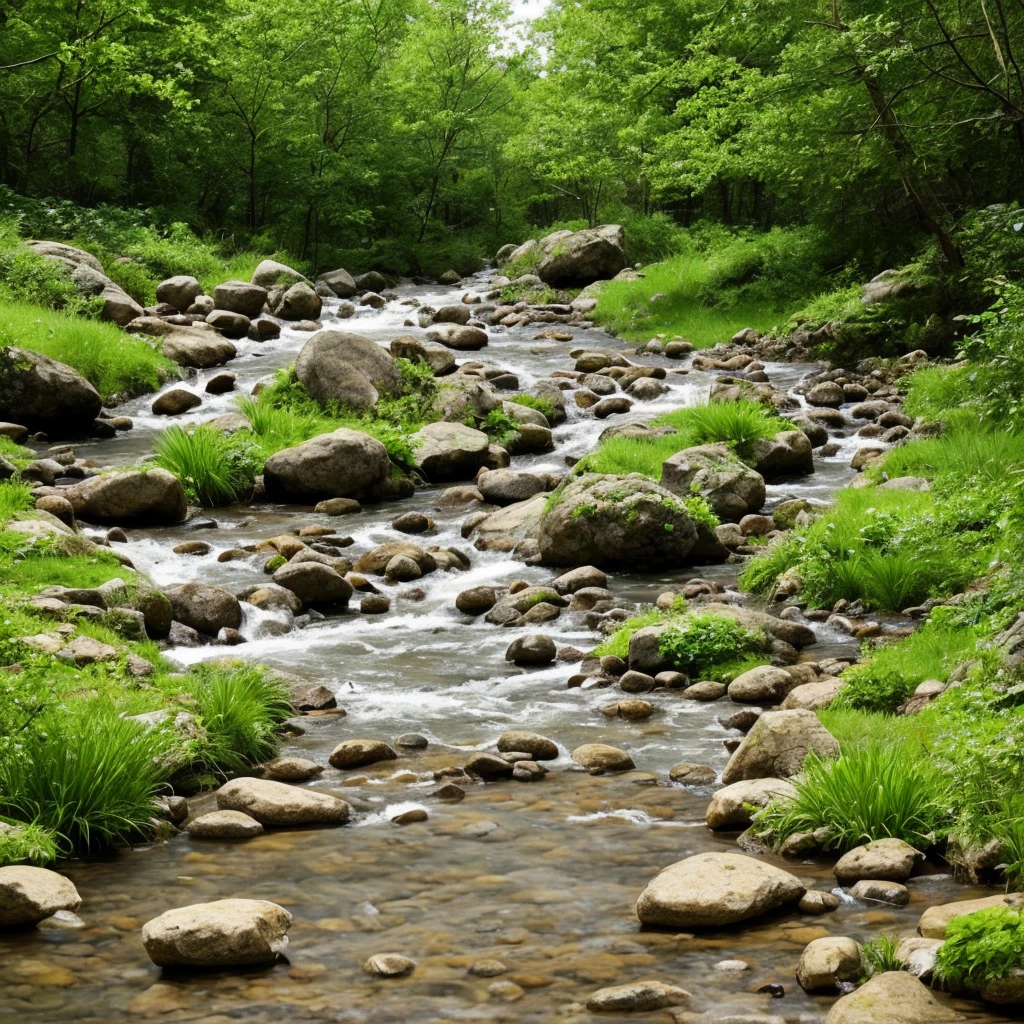 there is a stream running through a rocky field with rocks and grass, a digital rendering by Rainer Maria Latzke, flickr, land art, dry river bed, real-life brook, streams and rocks, flowing clear water creek bed, babbling brook, small stream, streams, pools and streams, small river on the ground, stream, wet grass and stones