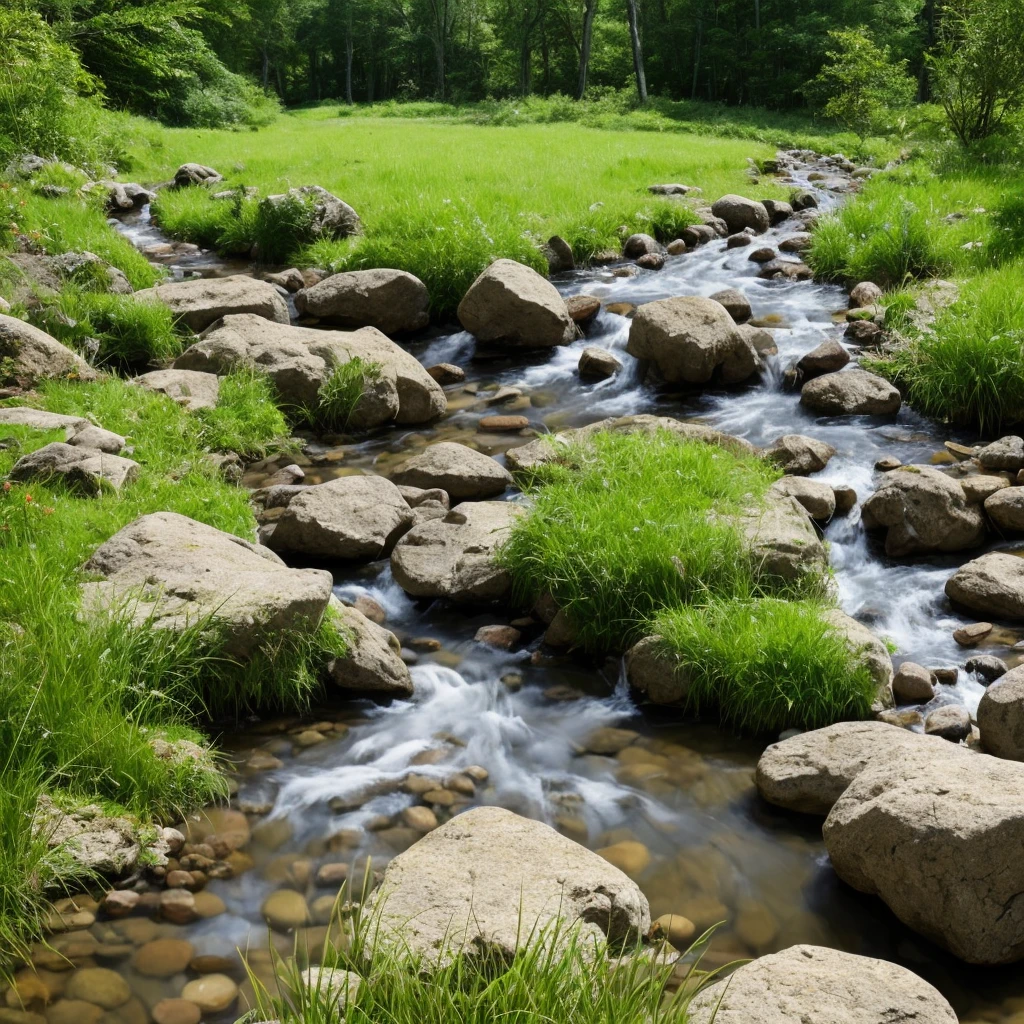 there is a stream running through a rocky field with rocks and grass, a digital rendering by Rainer Maria Latzke, flickr, land art, dry river bed, real-life brook, streams and rocks, flowing clear water creek bed, babbling brook, small stream, streams, pools and streams, small river on the ground, stream, wet grass and stones
