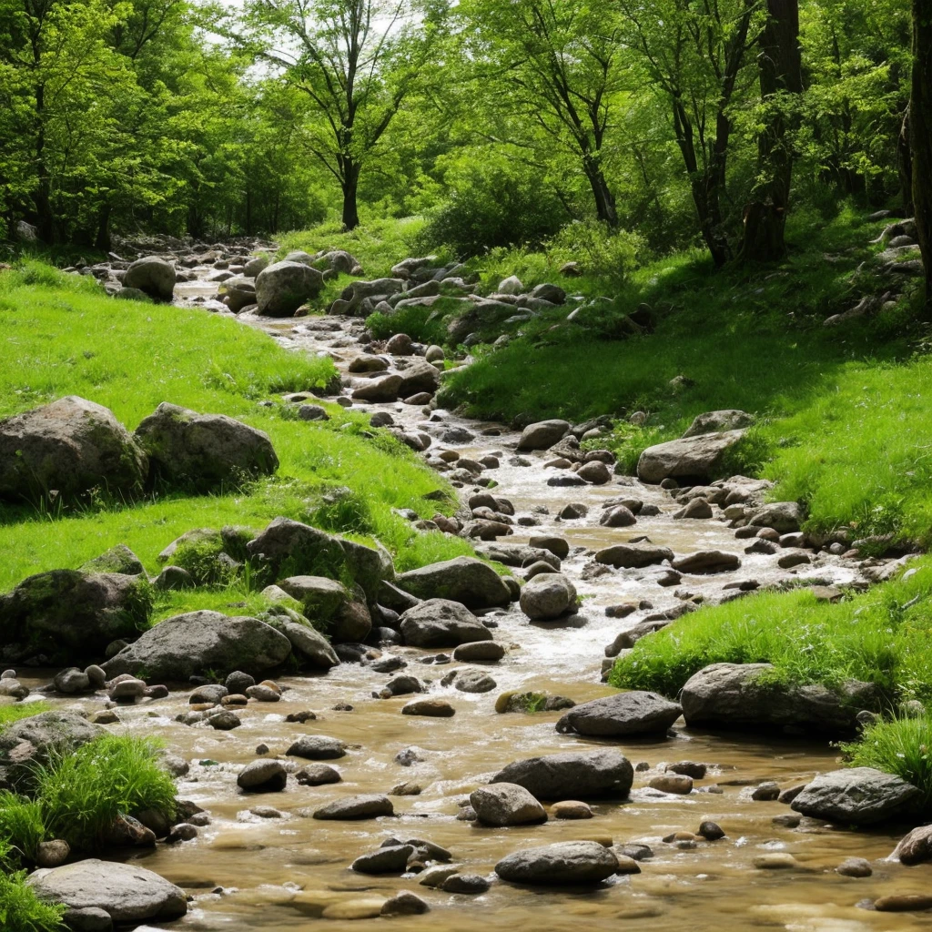 there is a stream running through a rocky field with rocks and grass, a digital rendering by Rainer Maria Latzke, flickr, land art, dry river bed, real-life brook, streams and rocks, flowing clear water creek bed, babbling brook, small stream, streams, pools and streams, small river on the ground, stream, wet grass and stones