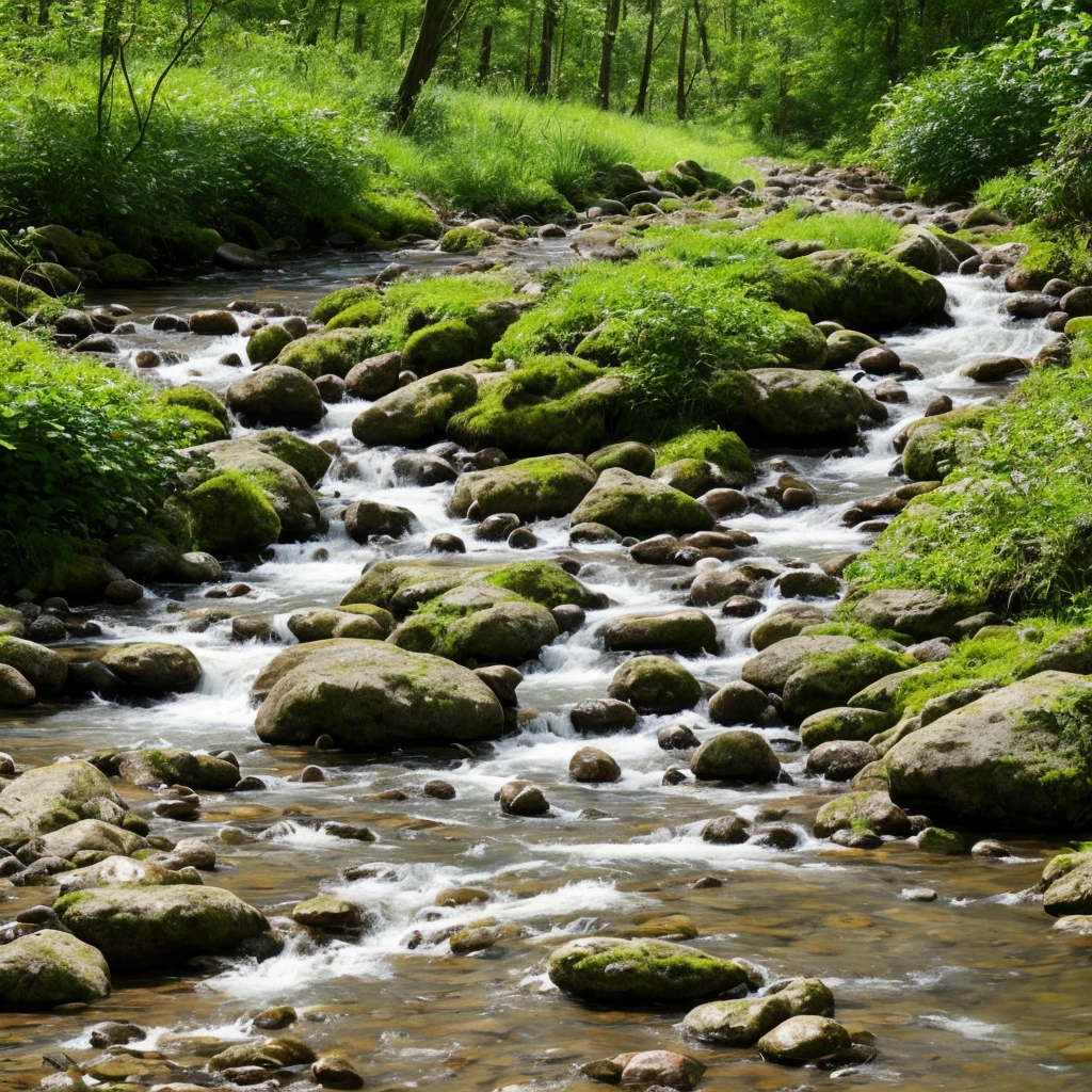 there is a stream running through a rocky field with rocks and grass, a digital rendering by Rainer Maria Latzke, flickr, land art, dry river bed, real-life brook, streams and rocks, flowing clear water creek bed, babbling brook, small stream, streams, pools and streams, small river on the ground, stream, wet grass and stones