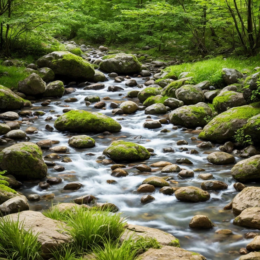 there is a stream running through a rocky field with rocks and grass, a digital rendering by Rainer Maria Latzke, flickr, land art, dry river bed, real-life brook, streams and rocks, flowing clear water creek bed, babbling brook, small stream, streams, pools and streams, small river on the ground, stream, wet grass and stones