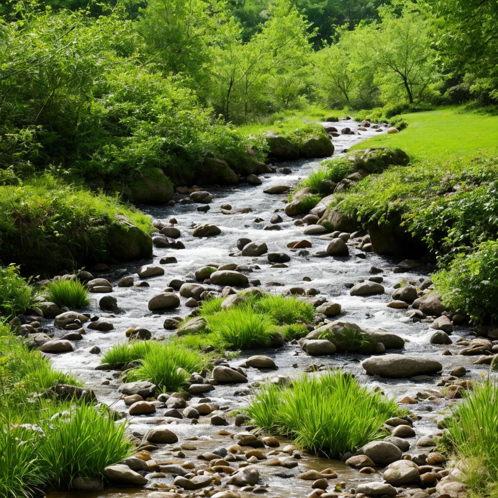 there is a stream running through a rocky field with rocks and grass, a digital rendering by Rainer Maria Latzke, flickr, land art, dry river bed, real-life brook, streams and rocks, flowing clear water creek bed, babbling brook, small stream, streams, pools and streams, small river on the ground, stream, wet grass and stones