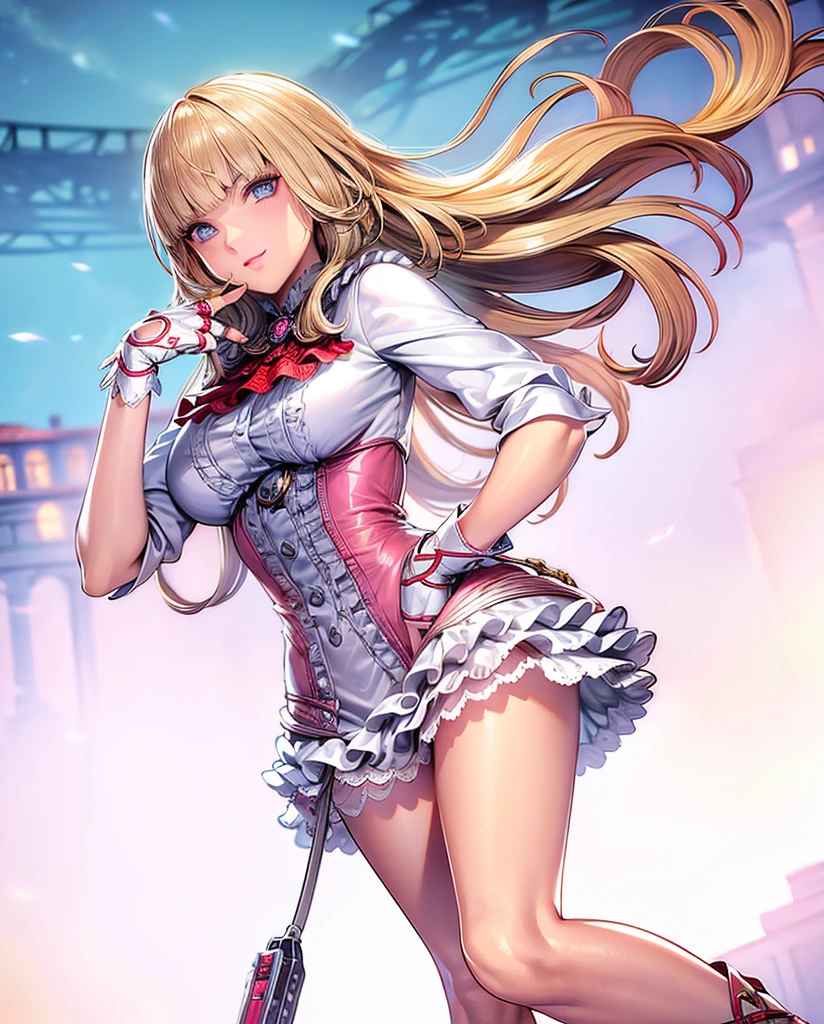 pink thighhighs:1, perfect eyes:1.2, detailed eyes:1.4, Emilie T8, blunt bangs, blue eyes, hands on hip, long hair, blonde hair, pink frilled dress, frilled ascot, fingerless gloves, smile, red eyeshadow:1.2, makeup:1.2, cowboy shot, 1girl, solo, (masterpiece:1.6, best quality), 8k, insane details, intricate details, hyperdetailed, hyper quality, high detail, ultra detailed, professional, HDR, ray tracing reflection, cinematic lighting,
