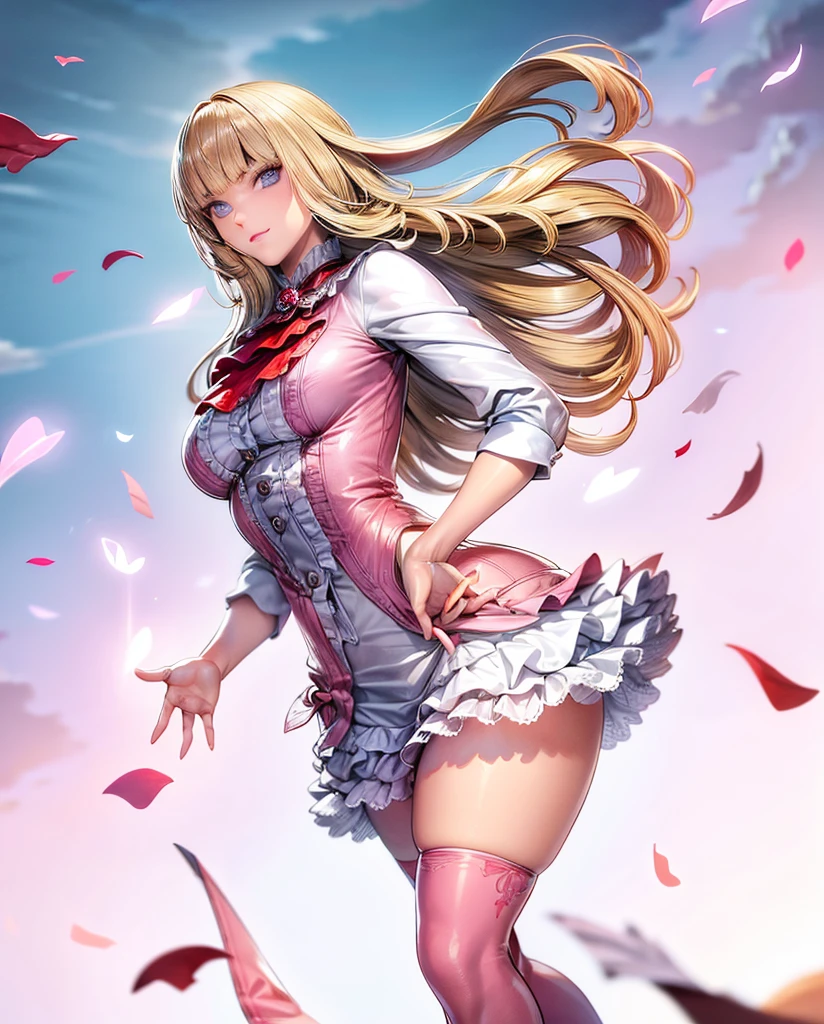 pink thighhighs:1, perfect eyes:1.2, detailed eyes:1.4, Emilie T8, blunt bangs, blue eyes, hands on hip, long hair, blonde hair, pink frilled dress, frilled ascot, fingerless gloves, smile, red eyeshadow:1.2, makeup:1.2, cowboy shot, 1girl, solo, (masterpiece:1.6, best quality), 8k, insane details, intricate details, hyperdetailed, hyper quality, high detail, ultra detailed, professional, HDR, ray tracing reflection, cinematic lighting,
