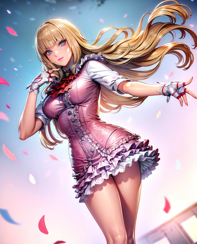 pink thighhighs:1, perfect eyes:1.2, detailed eyes:1.4, Emilie T8, blunt bangs, blue eyes, hands on hip, long hair, blonde hair, pink frilled dress, frilled ascot, fingerless gloves, smile, red eyeshadow:1.2, makeup:1.2, cowboy shot, 1girl, solo, (masterpiece:1.6, best quality), 8k, insane details, intricate details, hyperdetailed, hyper quality, high detail, ultra detailed, professional, HDR, ray tracing reflection, cinematic lighting,
