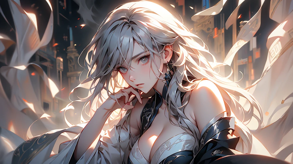 super high quality, masterpiece, Perfect illustration, Very detailed (Exquisite light and shadow, Very dramatic photo,Backlight) , ((Gray Hair:1.5))1 Girl,(( alone:1.6)), (Wearing Han clothes, Black and white Hanfu,Monotony,Long sleeve) (White smoke:1.3) (Realistic:1.4), Official Art, unity 8k wallpaper, Very detailed, Beautiful and beautiful, masterpiece, Highest quality, (Dynamic Angle: 1.4), Glowing Skin, (Floating colorful flashes: 1) The most beautiful chaotic shapes, elegant, Brutalist Design, Bright colors, Romantic Depth of Field Exotic_dance, half_naked、Expose your shoulders、Ample breasts、Great cleavage、Lean forward