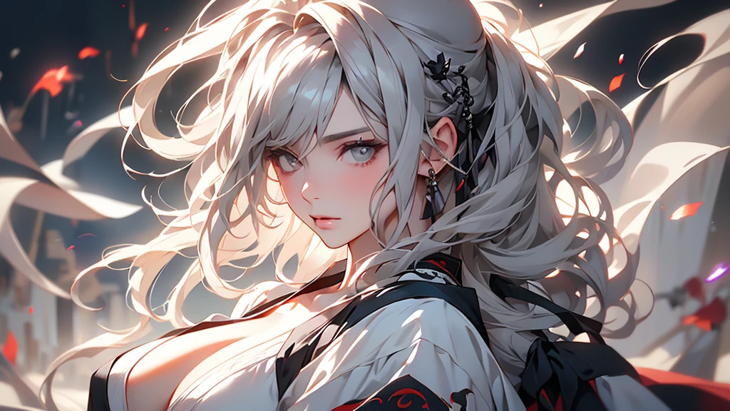 super high quality, masterpiece, Perfect illustration, Very detailed (Exquisite light and shadow, Very dramatic photo,Backlight) , ((Gray Hair:1.5))1 Girl,(( alone:1.6)), (Wearing Han clothes, Black and white Hanfu,Monotony,Long sleeve) (White smoke:1.3) (Realistic:1.4), Official Art, unity 8k wallpaper, Very detailed, Beautiful and beautiful, masterpiece, Highest quality, (Dynamic Angle: 1.4), Glowing Skin, (Floating colorful flashes: 1) The most beautiful chaotic shapes, elegant, Brutalist Design, Bright colors, Romantic Depth of Field Exotic_dance, half_naked、Expose your shoulders、Ample breasts、Great cleavage、Lean forward