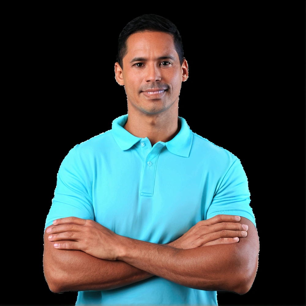 sharp man in a blue polo shirt with arms crossed, portrait of Danny González, photo of a man, arms crossed on the chest, posing with arms crossed, a photo of a man, confident relaxed pose, joel torres, rise of henry, lean man with light tan skin, centered shoulders up view, athletic man in his 30s