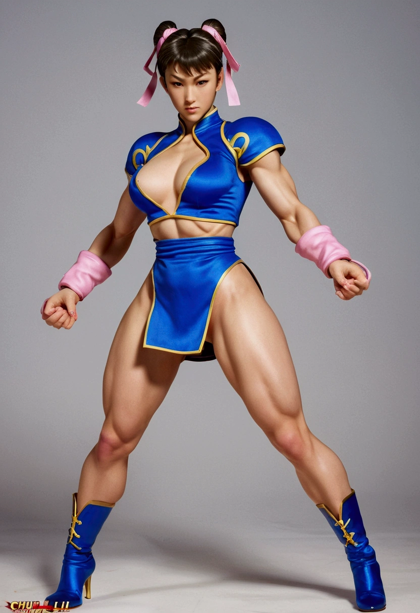 Chun li raw image, years, fully body, face perfect, short shoulders, flat breaslessness with pink nipples, Waider, flat belly, very wide hips, big-ass,very thin legs,all feet in blue high heels, sexy fighting stance, ll sexy chun li fighter, witlaccid penis extreme veins