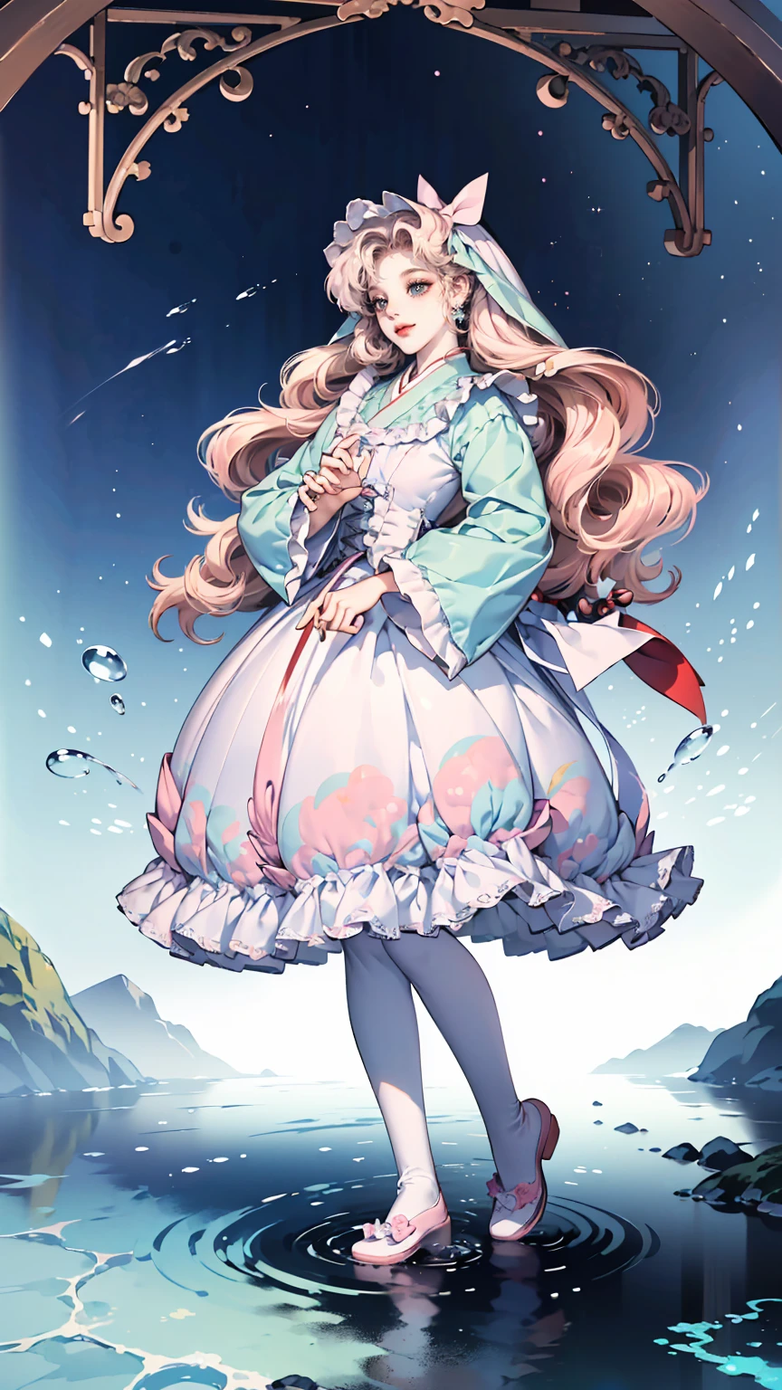 ((full body: 2)),((tachi-e:2.0)),((UHD, masterpiece, super detail, best quality, highres, 8k)), (detailed line art), perfect face, Human, ca. 20 yrs, (1 female), (light pink hair:1.0, fluffy hair;1.0, long hair:1.0, half up:1. 5 ), (image of Pisces, sea, water surface), (light blue and light purple eyes:1.0, (( gradation eyes:1.5)), round eyes, droopy eyes, droopy eyebrows), ((Sweet Lolita style outfit:1.5), light blue Lolita dress:1.5 water surface pattern drapes and ruffles:1.0, silver and jeweled ornaments and accessories:1.5), nautical cross-strap pinwheels), smiling