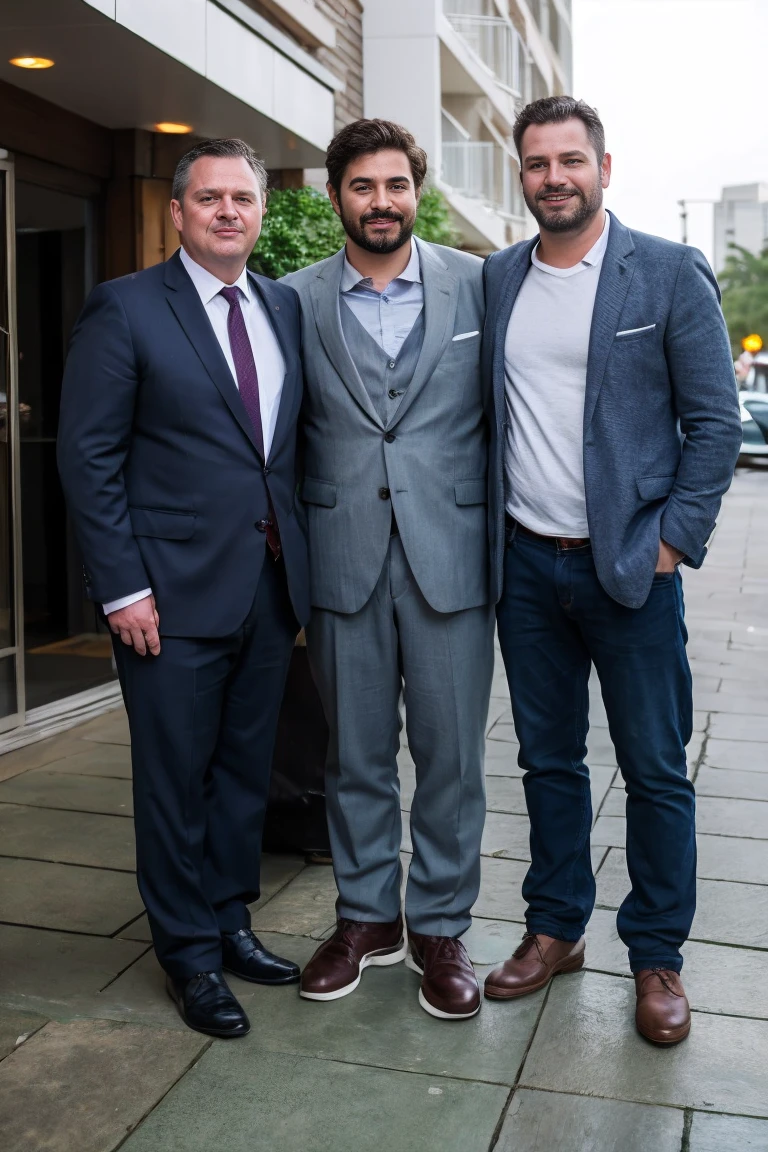Realistic photo of handsome men standing in front of hotel garden