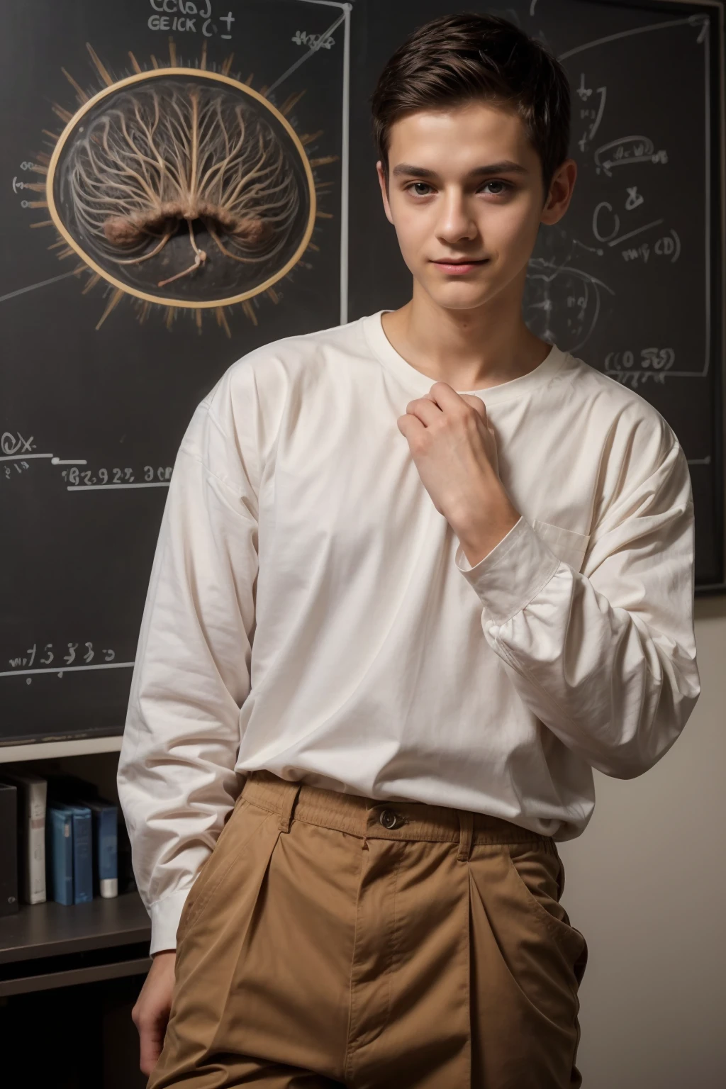 A beautiful young twink, male with black hair, wearing a long-sleeved white cotton shirt and brown pants. He is in his scientific office, and behind him is a blackboard on which are written the shape of the brain, its anatomy, and the nerve cell. He looks on proudly, with a face with makeup on.