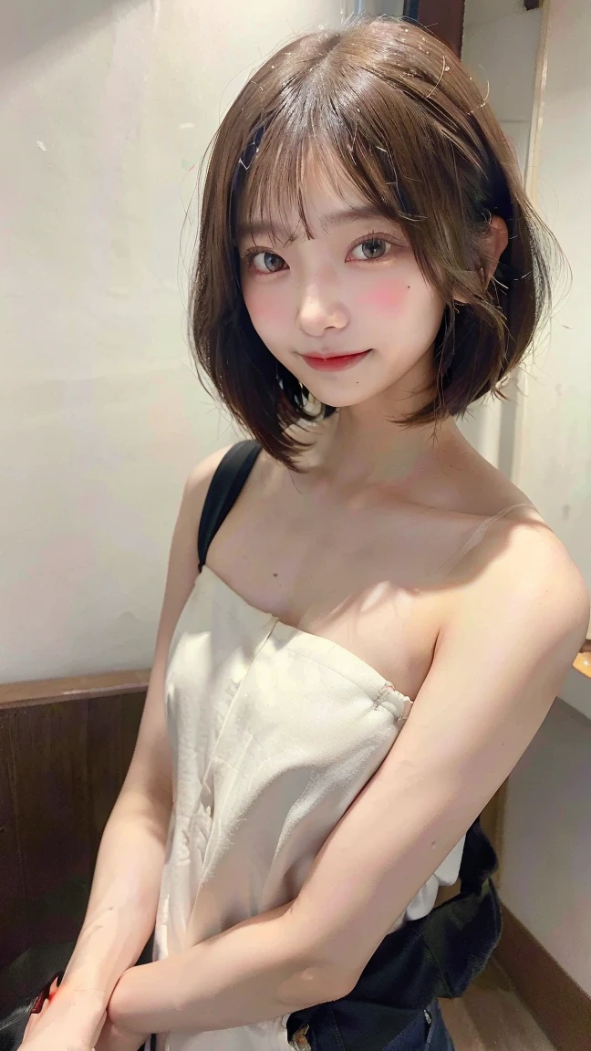 (((Straight shoulder-length brown mini bob hair)))、(((目が細くLight eye makeup)))、(((Standing alone on the rider&#39;Jacket and jeans against the back alleys of Kabukicho at night.)))、(((Please wear clothes that cover your arms..)))、Half Japanese and half Korean、18-year-old girl、independent、Look forward、Light eye makeup、Brown Hair Color、flat 、Hair blowing in the wind、Quality of actress、Shiny, Ultra-realistic faces、smileの表情、Watery eyes、look up、Soothing lighting effects、 Ultra-Realistic Capture、Very detailed、High resolution 16k human skin closeup。Skin texture must be natural、Must be so detailed that pores are visible、skin is healthy、Must be of uniform tone、Use natural light and color、High quality photos taken by modeling agencies&#39;Exclusive photographer、smile
