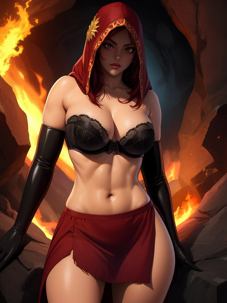 Dsorceress, redhair, shadowy face,dark cave, fire, hood, shadowed face, strapless bra, slim and athletic body, miniskirt, no panty, elbow gloves, dark skin, 1 girl (insanely detailed, masterpiece, best quality)
