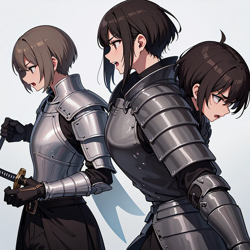 Best illustrations、Best Quality、(((Simple grey armor、Black trousers、Black gloves、Short Hair、Brown Hair、20 women)))、(((Grab the sword、Get Ready)))、(Old ruins、desert。Grass)、Fall to the floor、(Black, muddy swamp)、(仮面の中世の騎士が10 people)、(get annoyed、Open your mouth、Get angry)、(lots of medieval knights、10 people)、battlefield、(From the side、profile)、(White background)