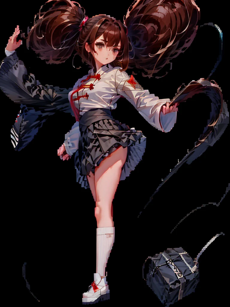 masterpiece, Highest quality, 8K, Pixel Art, ((One woman)), whole body, fine, fineな顔, {{China dress, red, Beautiful embroidery, mini, Tai Chi Pattern}}Chinese clothing, Brown Hair, Ring-shaped hair, Twin tails, Kick:1.3, effect, 炎のeffect, 派手なeffect