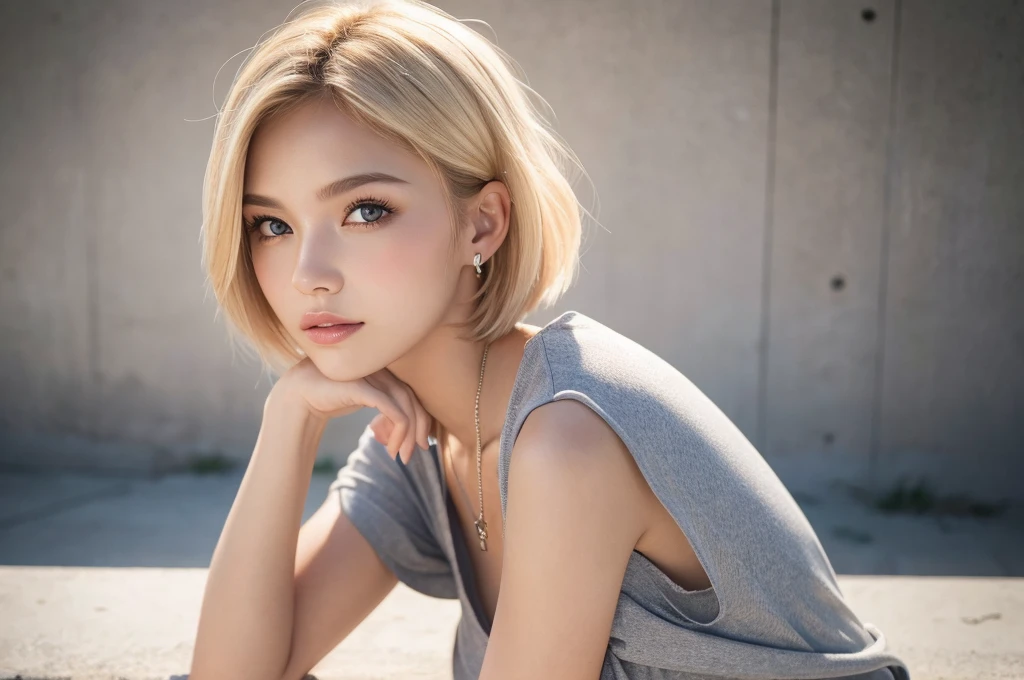 Close-up portrait, Sexy SS Blonde, parted lips, lips, Casual Dresses, View your viewers, Concrete wall background, Sunset Light, Realistic,short hair
