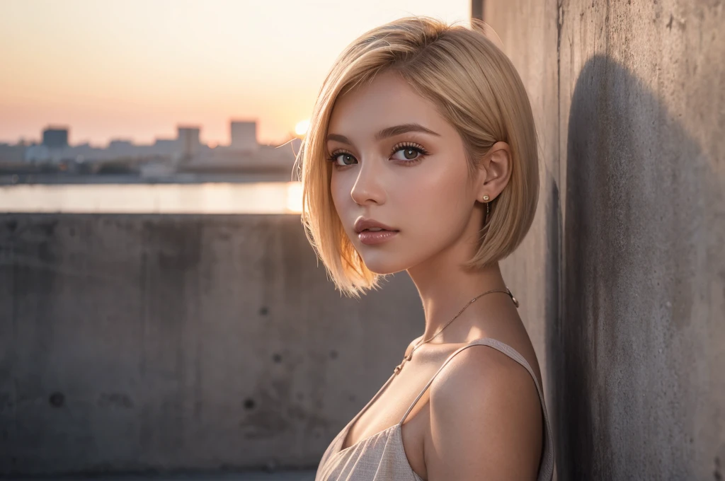 Close-up portrait, Sexy SS Blonde, parted lips, lips, Casual Dresses, View your viewers, Concrete wall background, Sunset Light, Realistic,short hair