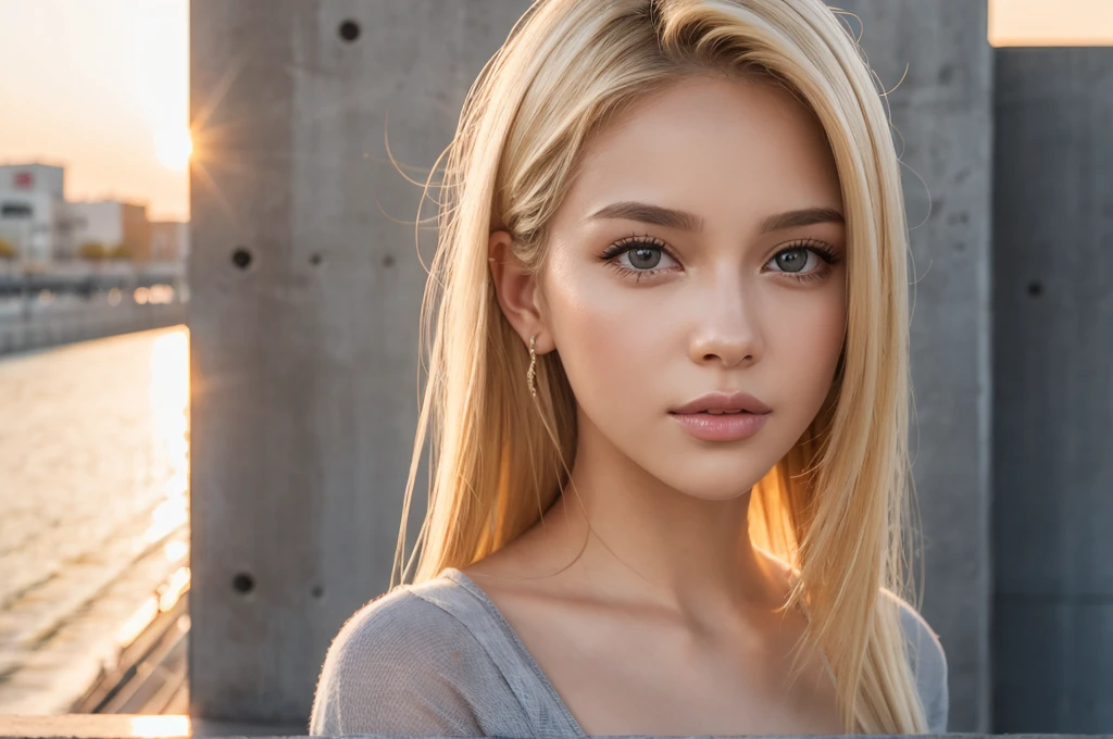 Close-up portrait, Sexy SS Blonde, parted lips, lips, Casual Dresses, View your viewers, Concrete wall background, Sunset Light, Realistic