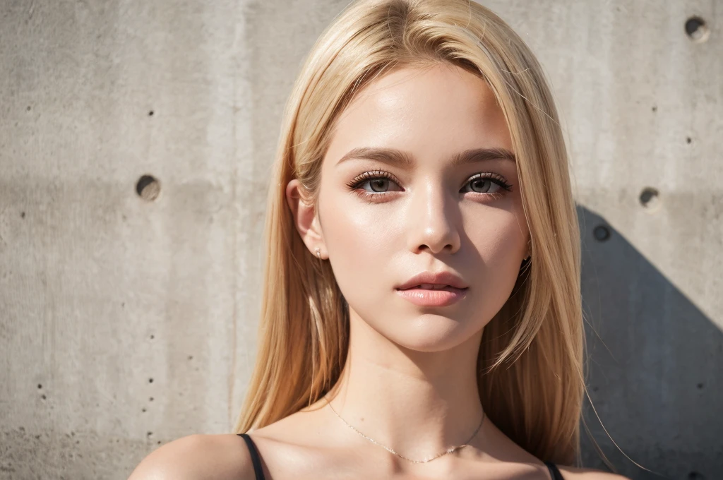Close-up portrait, Sexy SS Blonde, parted lips, lips, Casual Dresses, View your viewers, Concrete wall background, Sunset Light, Realistic