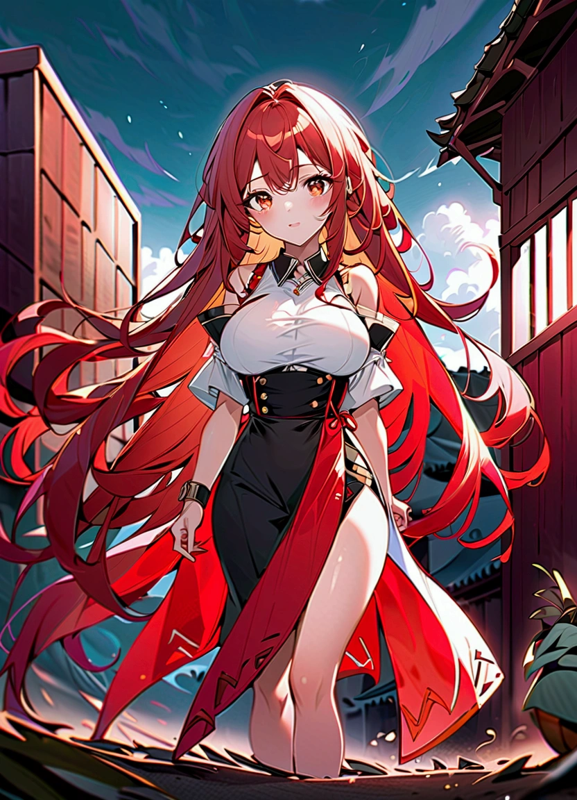 long hair, red hair, red and gold eyes, large breasts, slim