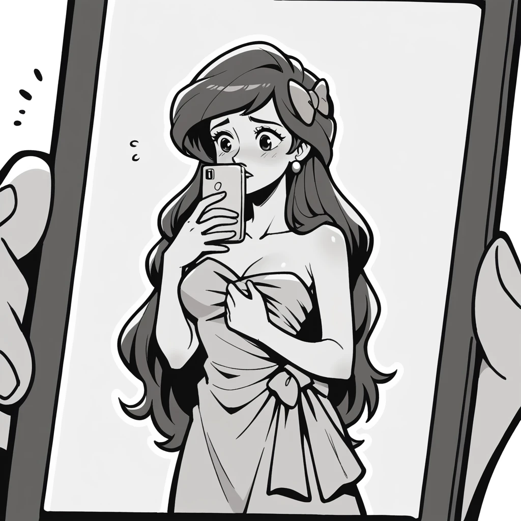 score_9_presence, score_8_up, ariel, wrapped in towel, medium breasts, holding phone