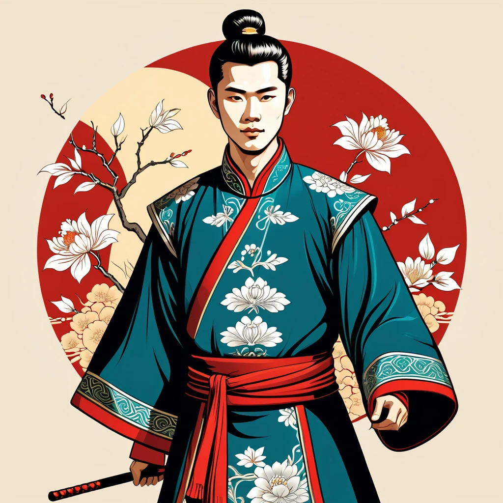 man in chinese folk outfit, vector graphics, strong contours