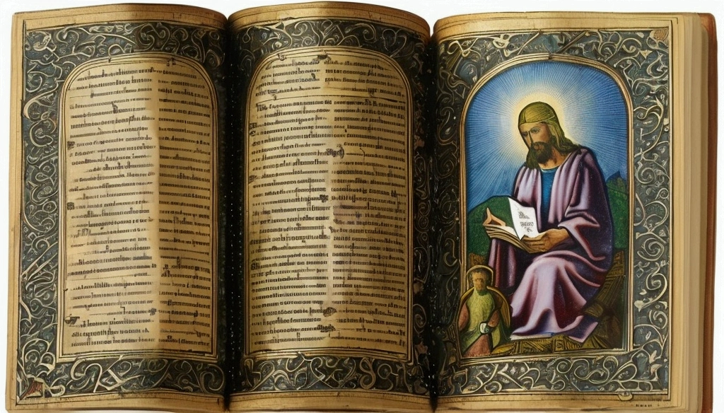 The book of revelation being half way opened and on the page there is Jesus and 7 lamp stands
