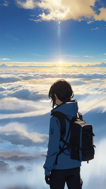 A girl standing on a mountain going above clouds, wearing a , with a blue sky and clouds background. The girl is facing away from the viewer. The image should be very detailed, with a resolution of 8k and high resolution.