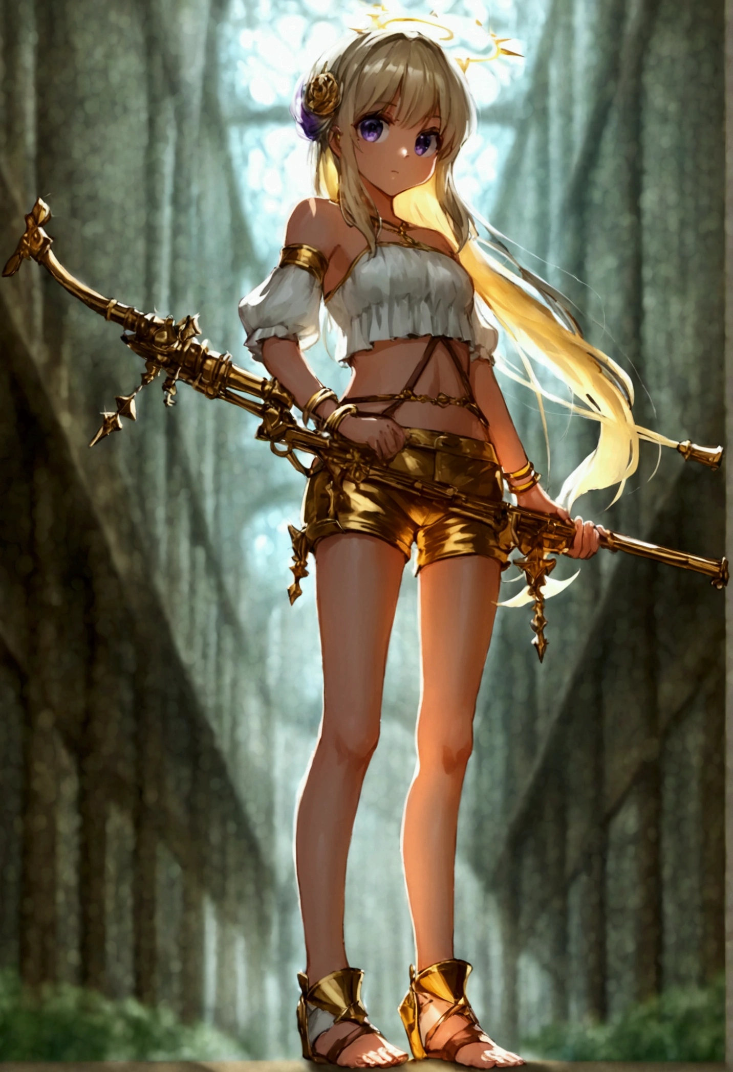 ((masterpiece)),(((Best quality))),((Character Design Sheet)), ((full body view)), ((anime style)), illustration, rainbow medieval girl, concept, halo overhead, full length, standing on my feet, Gold Shorts, gold shorts, feet in silver bracelets, dressed, beautiful big eyes, she's a hunter ,( fire crossbow in bows, gold shorts ),plain background, Clean background,