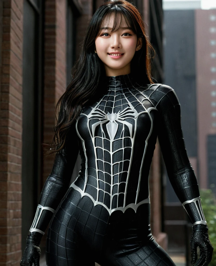 score_9, score_8_superior, score_7_superior, Highest quality, Realistic, masterpiece, Beautiful details, hyperRealistic, (One girl, Female body, smile), Big Breasts, amazing detailed whole body portrait of a beautiful ulzzang girl, wearing a Realistic and Very detailed black raimi spider-man suit, ((Huge muscular girl)), Professional model wears super-detailed black Raimi Spider-Man suit, Highly detailed and grainy black Raimi Spider-Man suit, whole bodyと手を覆うスーツ, black spiderman gloves, Wet, (Spider-Man pose), (whole body), (Dirty Skin), close superior, Octane Rendering, Very detailed, Volumetric, Dramatic lighting, (Highest quality:1.1), (High resolution:1.3), (Highest quality, Highest quality), Realistic, High resolution,