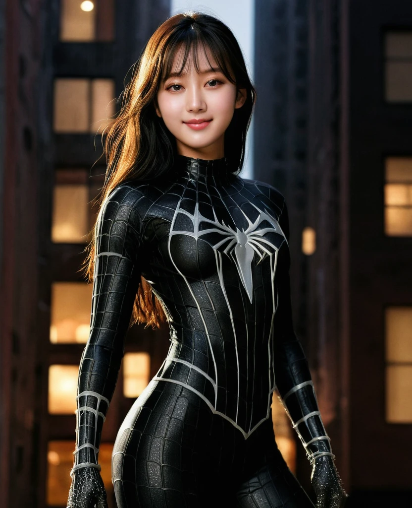 score_9, score_8_superior, score_7_superior, Highest quality, Realistic, masterpiece, Beautiful details, hyperRealistic, (One girl, Female body, smile), Big Breasts, amazing detailed whole body portrait of a beautiful ulzzang girl, wearing a Realistic and Very detailed black raimi spider-man suit, ((Huge muscular girl)), Professional model wears super-detailed black Raimi Spider-Man suit, Highly detailed and grainy black Raimi Spider-Man suit, whole bodyと手を覆うスーツ, black spiderman gloves, Wet, (Spider-Man pose), (whole body), (Dirty Skin), close superior, Octane Rendering, Very detailed, Volumetric, Dramatic lighting, (Highest quality:1.1), (High resolution:1.3), (Highest quality, Highest quality), Realistic, High resolution,