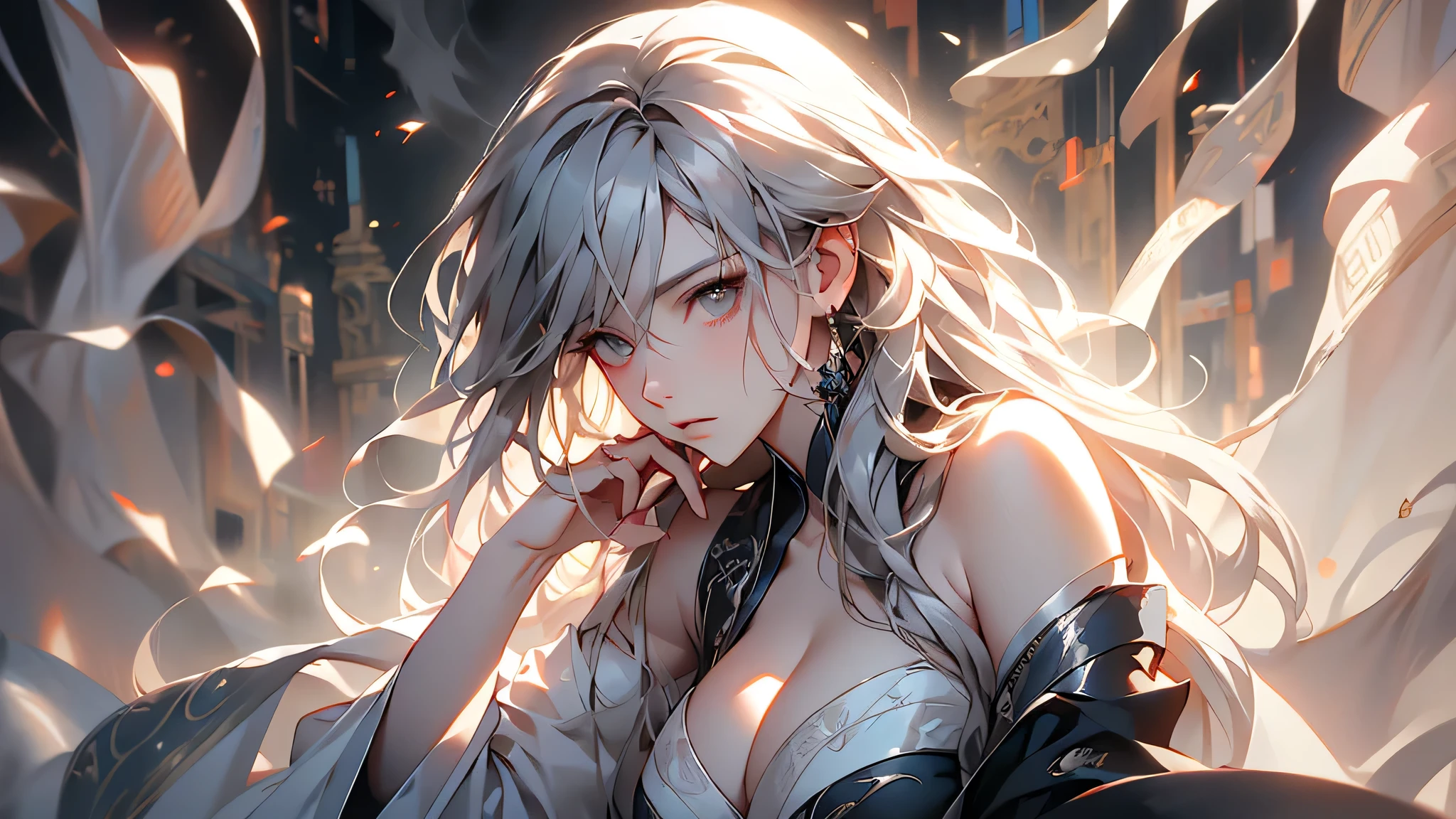 super high quality, masterpiece, Perfect illustration, Very detailed (Exquisite light and shadow, Very dramatic photo,Backlight) , ((Gray Hair:1.5))1 Girl,(( alone:1.6)), (Wearing Han clothes, Black and white Hanfu,Monotony,Long sleeve) (White smoke:1.3) (Realistic:1.4), Official Art, unity 8k wallpaper, Very detailed, Beautiful and beautiful, masterpiece, Highest quality, (Dynamic Angle: 1.4), Glowing Skin, (Floating colorful flashes: 1) The most beautiful chaotic shapes, elegant, Brutalist Design, Bright colors, Romantic Depth of Field Exotic_dance, half_naked、Expose your shoulders、Ample breasts、Great cleavage、Lean forward