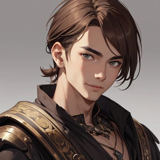 (masterpiece), (best quality),(portrait),(bust up),1boy,solo,(sharp focus),((look at viewer)),warrior,(brown hair),very short hair,pony tail,smile,adult, (ancient:1),ancient luxurious long clothes,old school fantasy art,((simple background)),super shiny face,Ultra Glossy Skin,