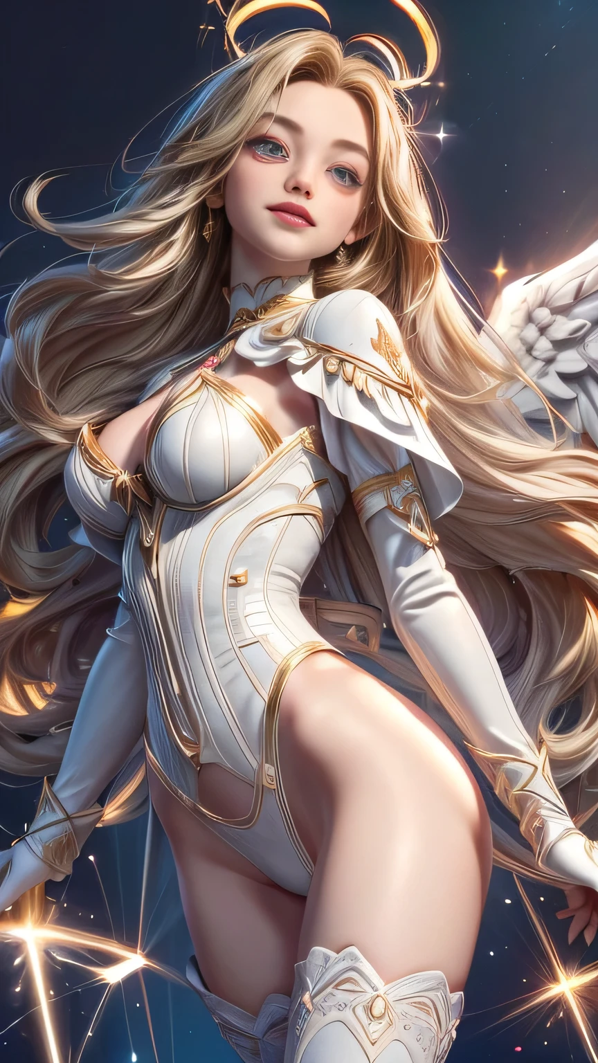 ((descending from sky))((majestic, Magnificent, celestial, floating above ground)) ((pale skin)) ((beauty smile)) ((posing innocent)) ((beautiful hollywood actress margot robbie is a celestial angel)) ((Big bright blue eyes)), ((dark eyeshadows make up)) ((bright red lipstick)), ((with innocent gaze)) ((very long blonde hair)) ((beauty breast)) ((skinny body:1.3)) ((wears fantasy white corset)) ((tiny string thong bottom with gold ornament, long fabric tail)) ((long gloves, thigh high stocking)) ((halo of light over her head and behind her)), (((three pair of big white wings))) ((glowing magic sparks particles floating around))((with black sky background and white light reflectors on her)), ((high definition:1.5), ((amazing lights and shadows)) ((masterpiece:1.5))((8k:1.5)) ((Best quality:1.4)), more_details:-1, more_details:0, more_details:0.5, more_details:1, more_details:1.5, more prism, vibrant color,