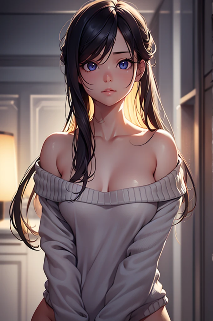 Girl, photorealism, dynamic lighting, artstation, poster, volumetric lighting, very detailed faces, (official uniform: 1.4), long hair, nudez, Naked,Completely naked , sweater, delicate collarbone, bare shoulders, full breasts
