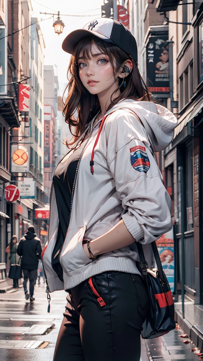 20-year-old Caucasian female、Red hair、Short Bob、Headphones、Camouflage pattern hoodie、New York Yankees Cap、Reach into your hoodie pocket、leggings、sneakers、An alley overflowing with trash、Leaning against the wall of a brick house、Look to the side、View your viewers