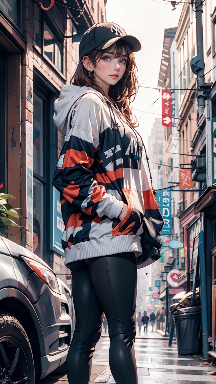 20-year-old Caucasian female、Red hair、Short Bob、Headphones、Camouflage pattern hoodie、New York Yankees Cap、Reach into your hoodie pocket、leggings、sneakers、An alley overflowing with trash、Leaning against the wall of a brick house、Look to the side、View your viewers