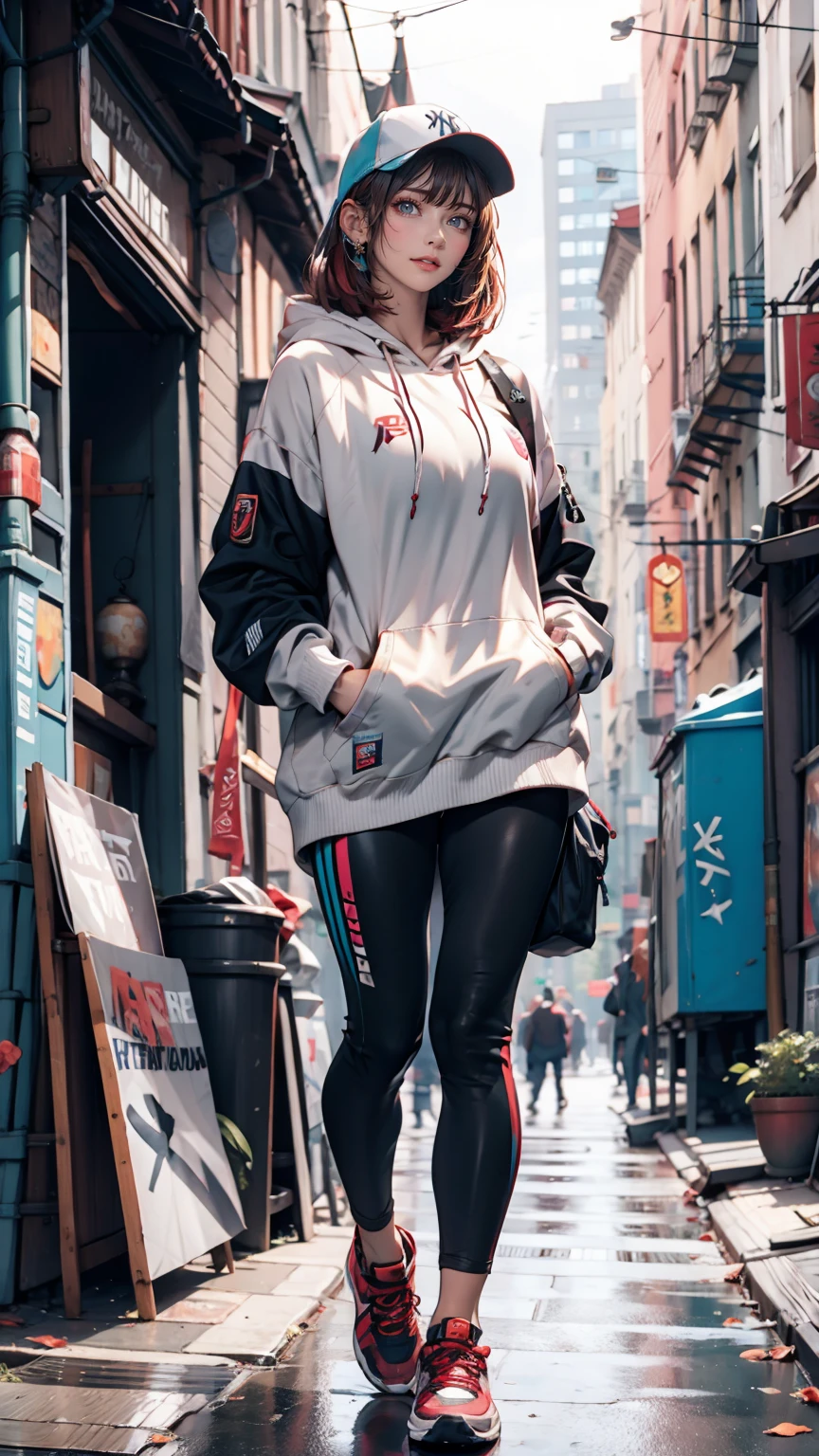 20-year-old Caucasian female、Red hair、Short Bob、Headphones、Camouflage pattern hoodie、New York Yankees Cap、Reach into your hoodie pocket、leggings、sneakers、An alley overflowing with trash、Leaning against the wall of a brick house、Look to the side、View your viewers