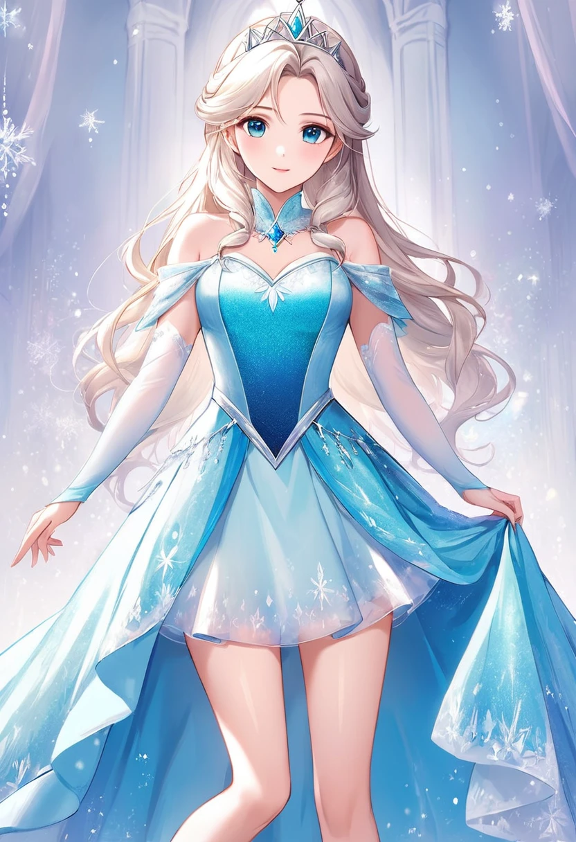 A beautiful girl wearing a princess Elsa's dreamy light blue dress and a jewel crown, the jewels on her clothes are shining, and behind her is a lovely snowman, the ice castle of Frozen, with transparent snowflakes flying, a spectacular ice castle with blurred background and snowflakes flying in the sky. , close-up high-definition photography, cool white skin color, extremely high image quality, enhanced details.with birds flying, blue sky and white clouds, backlight, morning sunshine, 19th century, impressionist style, style of Lovis Corinth,